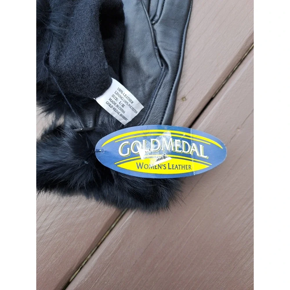NWT Gold Medal Women's Leather Black Geniune Rabbit Fur Cuff Gloves Size L-XL
